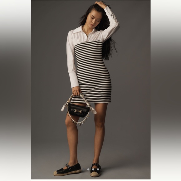 NWT Anthropologie Maeve Fitted Twofer Mini Dress Black and White Sz XS